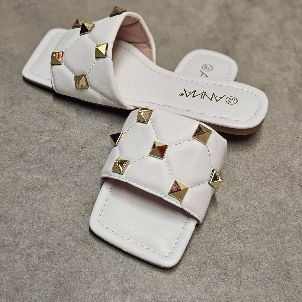 White Studded Slide Sandals With Quilted Strap Design Square Toe Womens - Picture 3 of 6